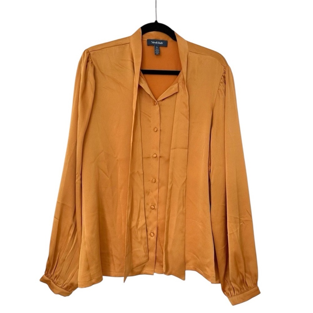 Modcloth Button Down Tie Neck Satin Blouse Womens XL Golden Yellow
